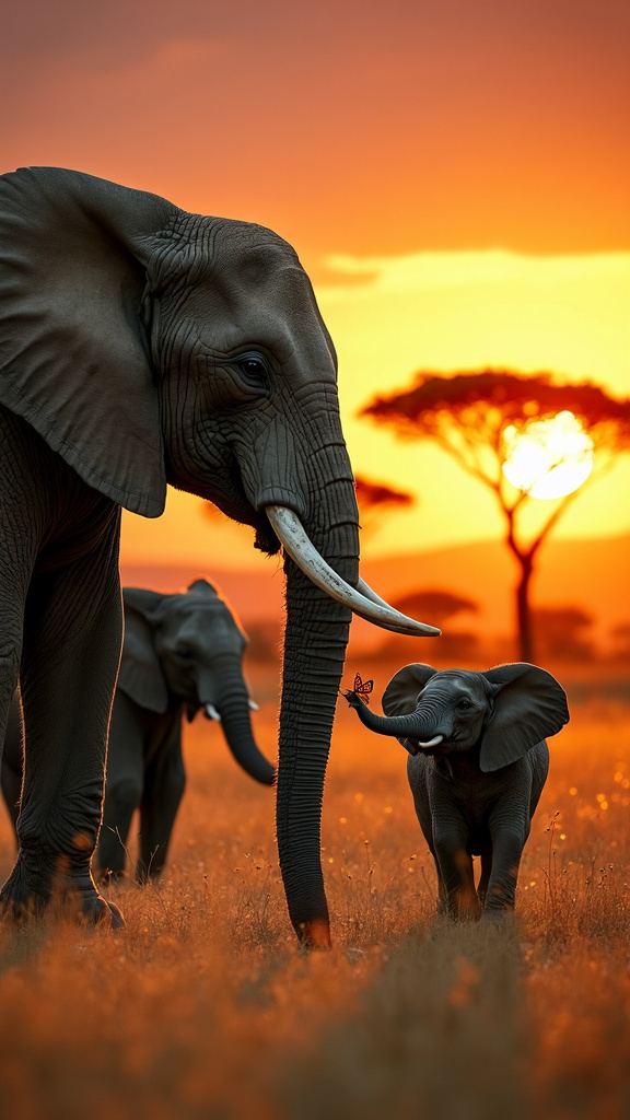 A serene scene of a majestic elephant family crossing the African savanna at sunset, with a playful calf and silhouetted acacia trees, captured in classic wildlife photography style.