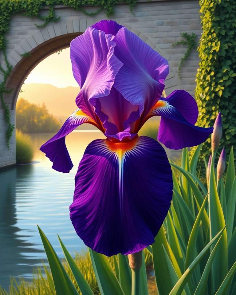 Majestic iris flower with deep violet petals in a serene riverside garden during early morning, depicted in a classic, realistic oil painting style.