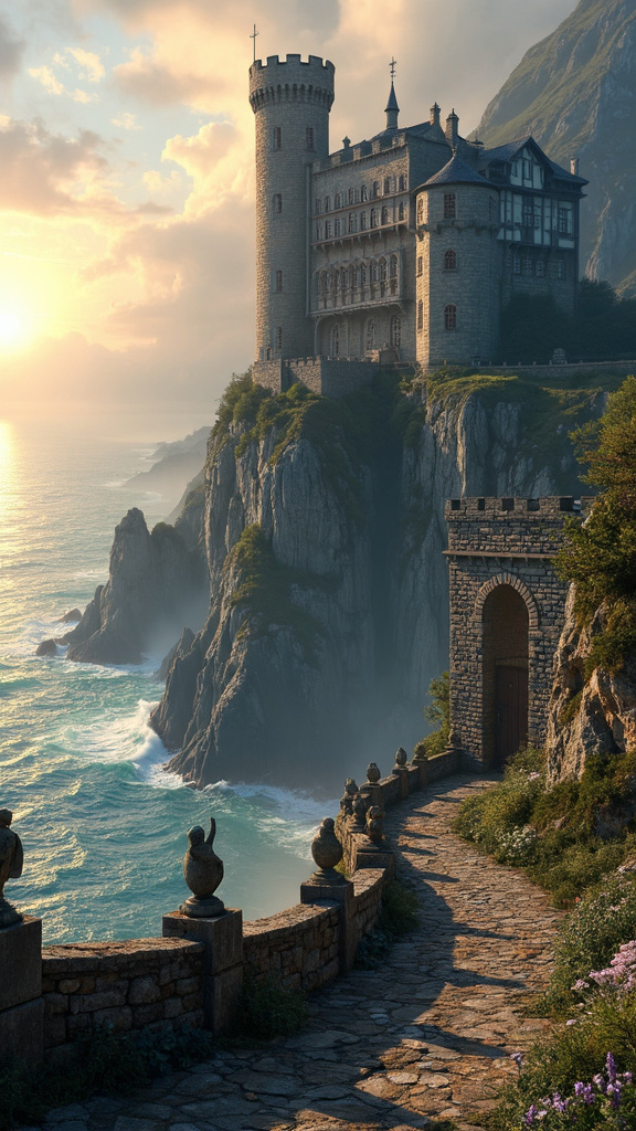 A photorealistic image of a stunning medieval castle perched on a rugged cliffside overlooking a vast ocean. The tall stone towers and battlements are partially shrouded in morning mist. Waves crash against the rocks below, with lush greenery and wildflowers in the surrounding landscape. The rising sun casts a warm, golden light, illuminating the castle and the cliffside. A cobblestone path lined with ancient statues leads up to the castle gates, evoking history and majesty.