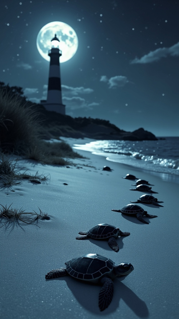 A family of sea turtles making their way to the ocean on a moonlit beach, with a lighthouse in the background, captured in an evocative, monochromatic art style.