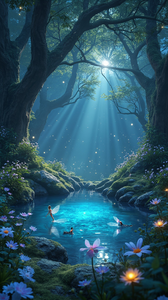 A photorealistic image of a mystical forest glade illuminated by moonlight, featuring ancient trees and a silvery glow on the forest floor. Luminescent flowers and moss surround a crystal-clear pond reflecting the starry sky. Ethereal creatures like fairies dance around, with mist floating through the air, evoking wonder and magic.