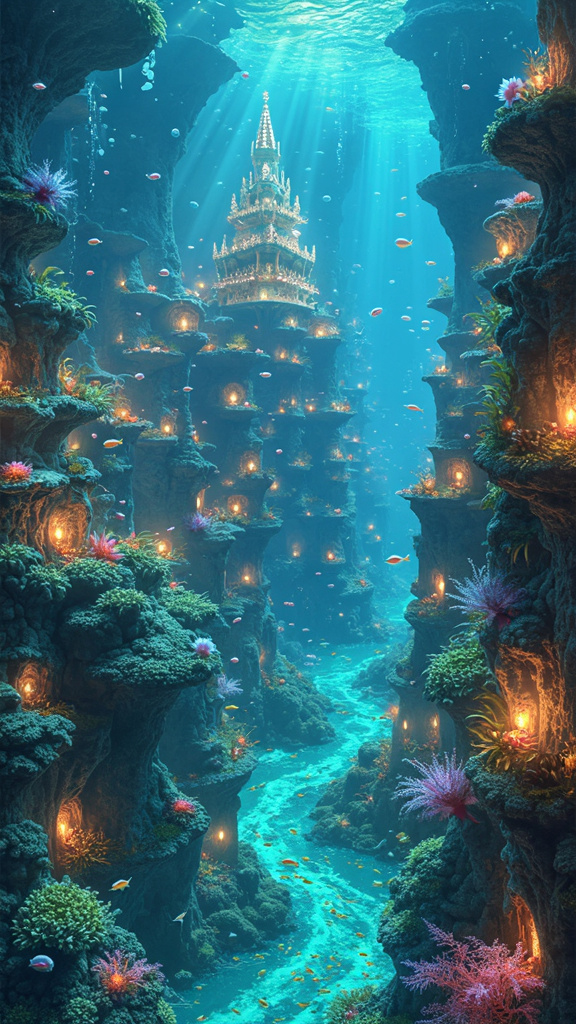 A photorealistic image of a mystical underwater city illuminated by bioluminescent sea creatures, featuring coral structures and seashell buildings in shades of blue and green. Schools of colorful fish and floating jellyfish add ethereal light. A grand palace of pearls and crystals stands in the center, evoking wonder and magic.