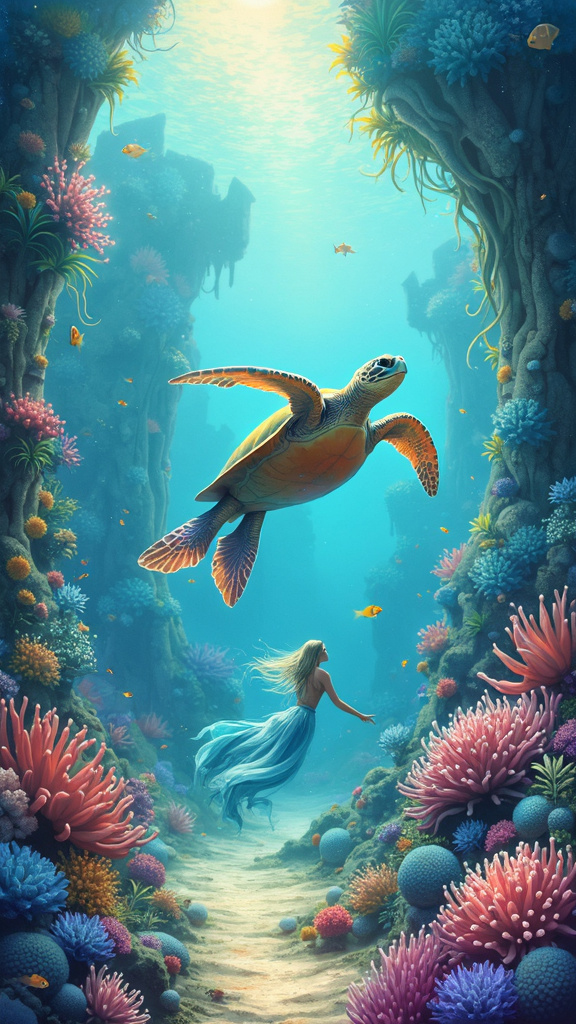 A mystical underwater kingdom with vibrant coral castles, merfolk, and a majestic sea turtle, captured in a dreamy watercolor art style.