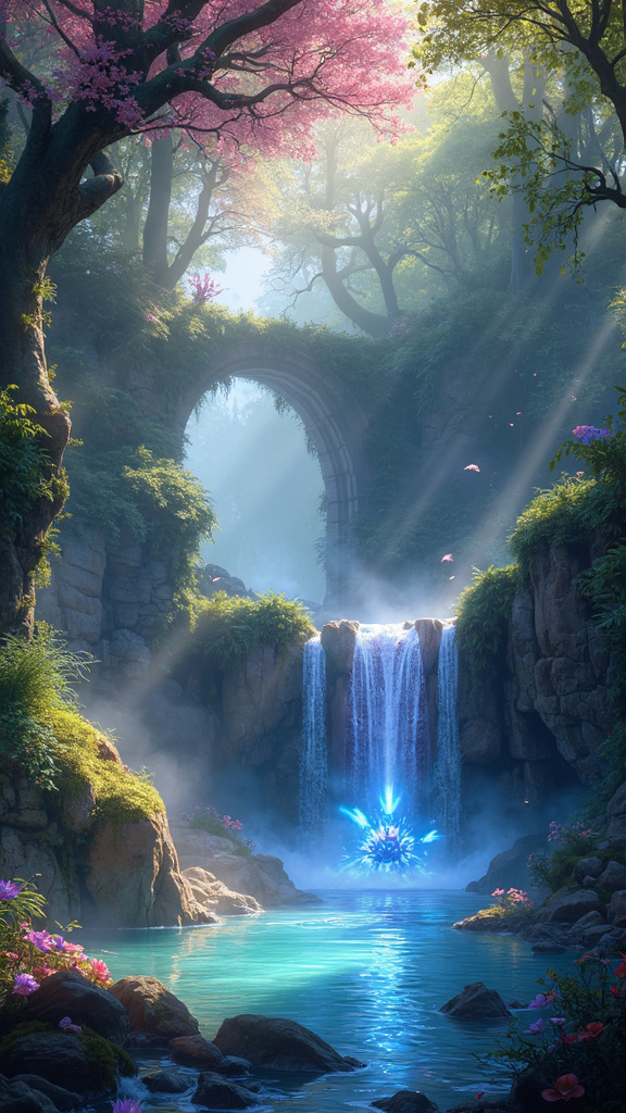 A photorealistic image of a mystical waterfall in an enchanted forest, with crystal-clear water cascading over moss-covered rocks into a shimmering pool. Ancient trees with vibrant leaves surround the waterfall, and soft light beams illuminate magical creatures like sprites and fairies. Mist rises from the pool, and an ancient stone archway is visible in the background, evoking wonder and magic.