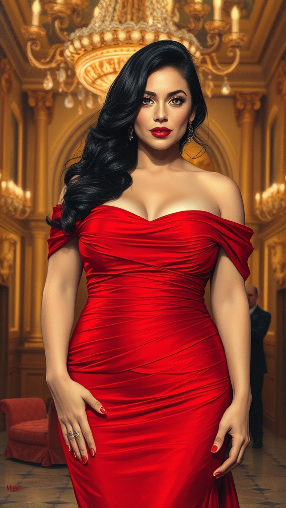 Woman in a glamorous, off-the-shoulder red evening gown. The art style is classic and elegant, with rich, warm tones and intricate brushwork that capture the luxurious fabric of the gown and the smooth texture of her skin.