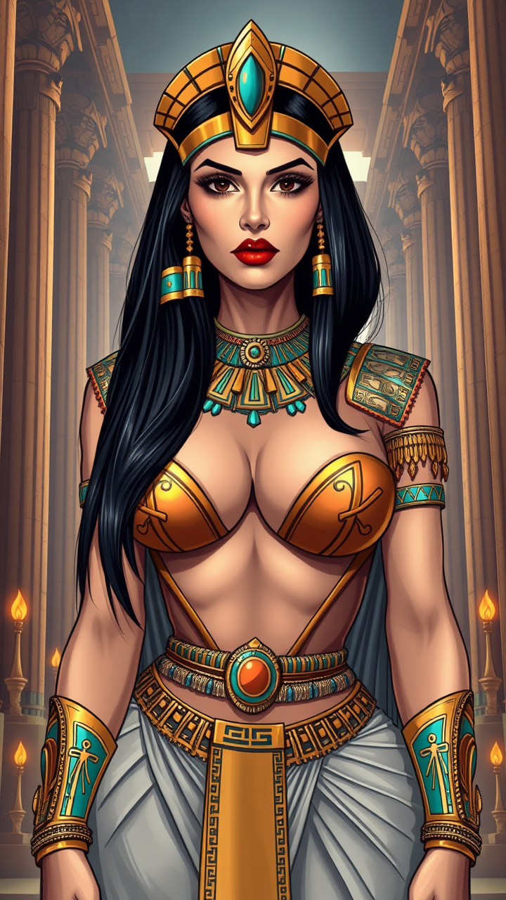 A professional, high-quality vintage illustration of a mature, voluptuous 40-year-old Egyptian woman in a revealing, ornate pharaoh queen costume with gold and turquoise accents. The art style is detailed and classical, with fine lines and rich colors that emphasize the luxurious fabrics and intricate jewelry. She has long, straight, jet-black hair styled in a traditional bob with a golden headdress, almond-shaped dark eyes, and is wearing dramatic, ancient Egyptian makeup with bold eyeliner and red lipstick. The setting is a grand, ancient Egyptian temple with towering columns and hieroglyphics, bathed in the warm light of torches. The composition is a front view, capturing her regal, commanding stance and the intricate details of her attire, exuding power, elegance, and historical grandeur.