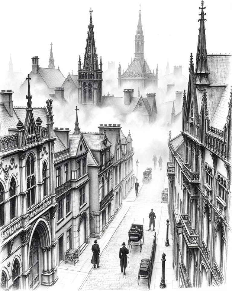 Elevated rooftop view of a gothic Victorian cityscape in a detailed charcoal sketch during early morning mist.