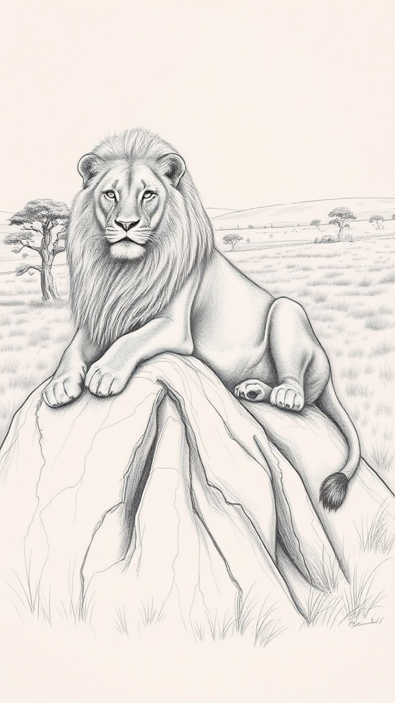 Lion resting on a rocky outcrop in the savannah.