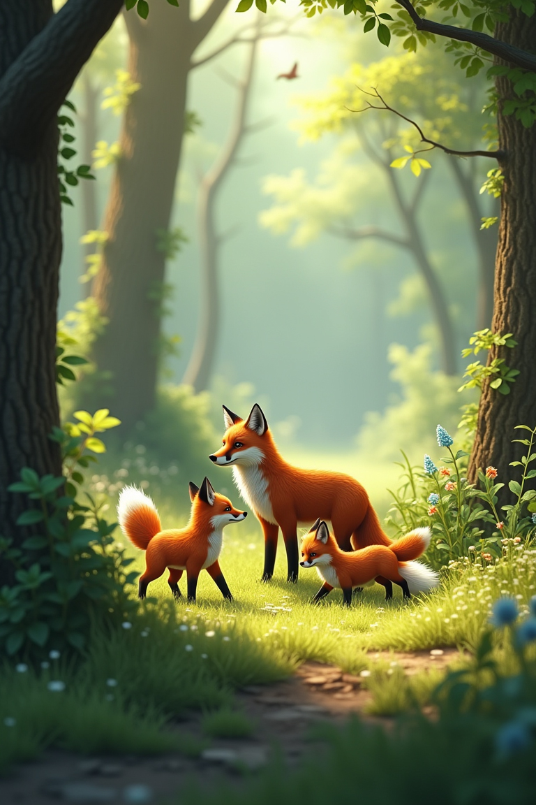 A photorealistic image of a family of red foxes in a lush, green forest during early morning light. The mother fox stands alert, while her playful kits engage in various activities in a small clearing. Dew-covered wildflowers and grasses add freshness, and sunlight filters through the trees, casting dappled light across the scene. The forest is alive with birds and rustling leaves, evoking harmony and natural beauty.