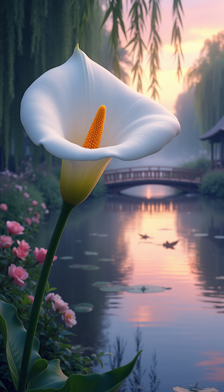 Pristine white calla lily in full bloom in a tranquil waterside garden at dusk, depicted in a serene pastel art style.