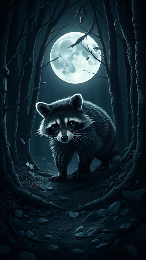 Photorealistic digital art of a curious raccoon exploring a moonlit forest