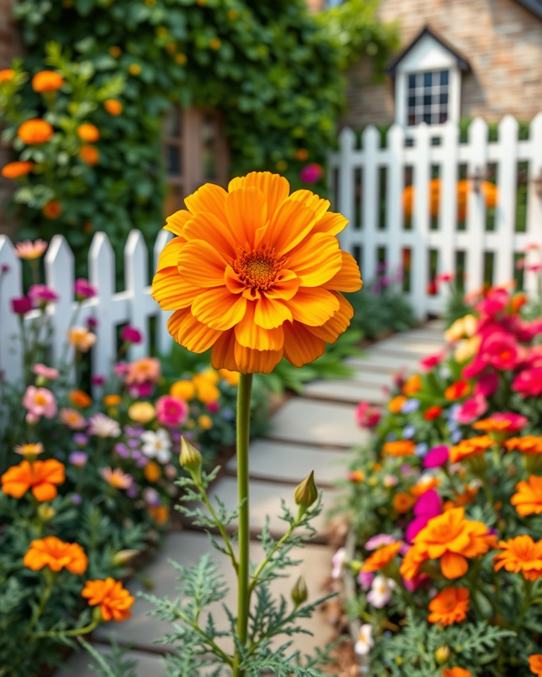 Radiant marigold flower in full bloom in a vibrant cottage garden during midsummer, depicted in a picturesque, folk art style.