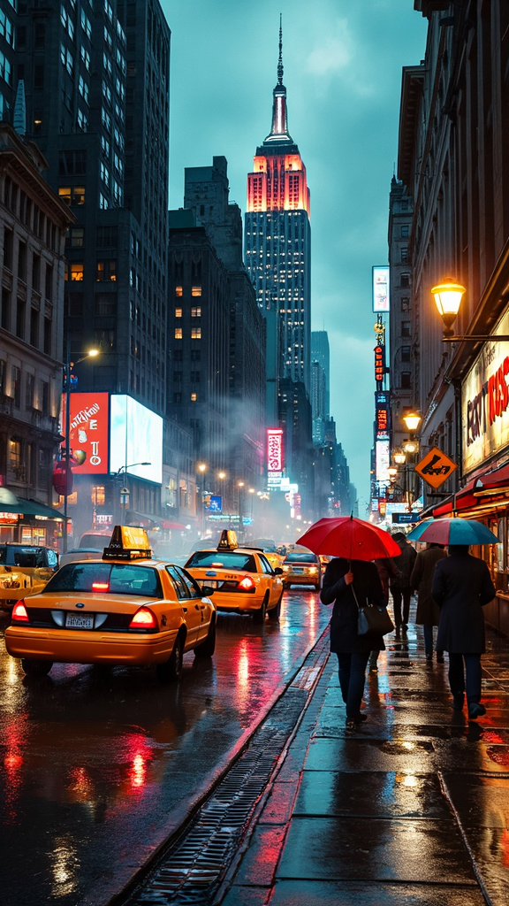 A photorealistic image of a bustling New York City street during a rainy evening. Iconic yellow taxis and pedestrians with colorful umbrellas hurry along wet sidewalks. The pavement reflects vibrant lights from skyscrapers, neon signs, and streetlights. Steam rises from subway grates, adding urban mystery. Storefronts display bright interiors, and street vendors sell hot dogs and pretzels. The Empire State Building stands tall in the background, its lights breaking through the misty rain, capturing the vibrancy of urban life.