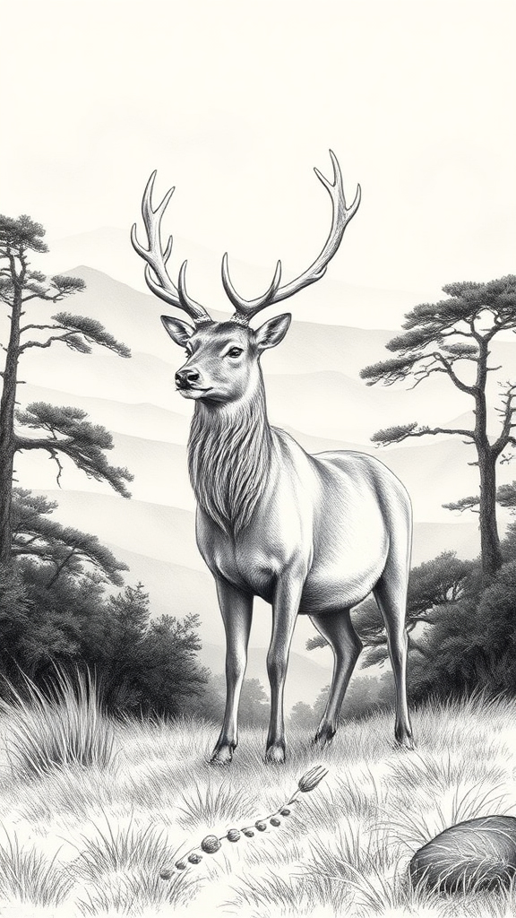 The stag, with its impressive antlers and poised stance, is the focal point, embodying nobility and grace in this beautifully crafted scene.