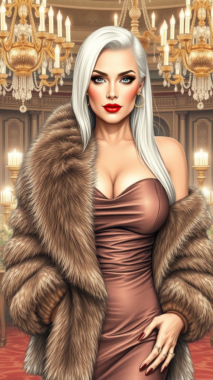 A professional, high-quality drawing of a mature, voluptuous 40-year-old Russian woman in a luxurious, revealing fur coat draped over her shoulders, paired with a satin camisole. The art style is detailed and elegant, with fine lines and soft shading that highlight the texture of the fur and the smooth fabric of the camisole. She has long, straight, platinum blonde hair styled in a sleek fashion, striking blue eyes, and is adorned with rich, classic makeup featuring bold red lips and winged eyeliner. The setting is a lavish, candlelit ballroom with intricate chandeliers and crystal decor, creating an opulent atmosphere. The composition is a front view, capturing her confident, sophisticated stance and the allure of luxury, exuding elegance and refined beauty.