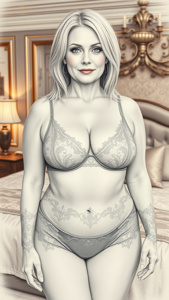 Pencil sketch of a mature, voluptuous 40-year-old Scandinavian woman in a form-fitting, revealing lace lingerie set. The art style is detailed and realistic, with precise shading and fine lines that emphasize the delicate lace patterns and her natural curves. 