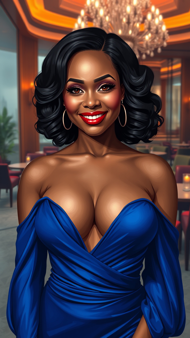 voluptuous 40-year-old African American woman in a stylish, revealing off-the-shoulder cocktail dress in royal blue. The art style is modern and polished, with vibrant colors and sleek lines that emphasize the luxurious fabric of the dress and her radiant skin tone.