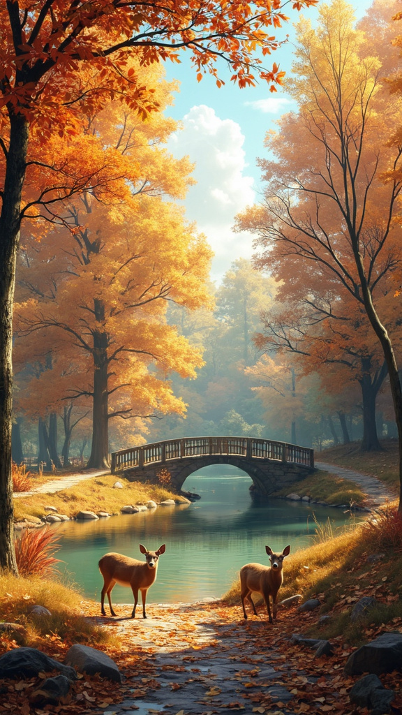 A photorealistic image of a serene autumn landscape in the countryside, featuring a golden-hued forest at the peak of fall foliage with trees in shades of orange, red, and yellow. A winding path covered in fallen leaves leads to a wooden bridge over a gentle brook. Sunlight filters through the trees, casting dappled light and shadows. In the foreground, a family of deer grazes peacefully, evoking tranquility and natural beauty.