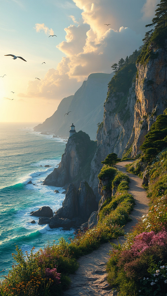 A photorealistic image of a serene coastal cliffside landscape at sunrise, featuring dramatic cliffs rising from turquoise waters. The cliffs are adorned with lush greenery and wildflowers. A narrow path leads to a lone lighthouse with its light still faintly visible. The sky is painted with pastel colors of dawn, and gentle waves crash against the rocky shore. Seabirds soar above, evoking tranquility and natural beauty.