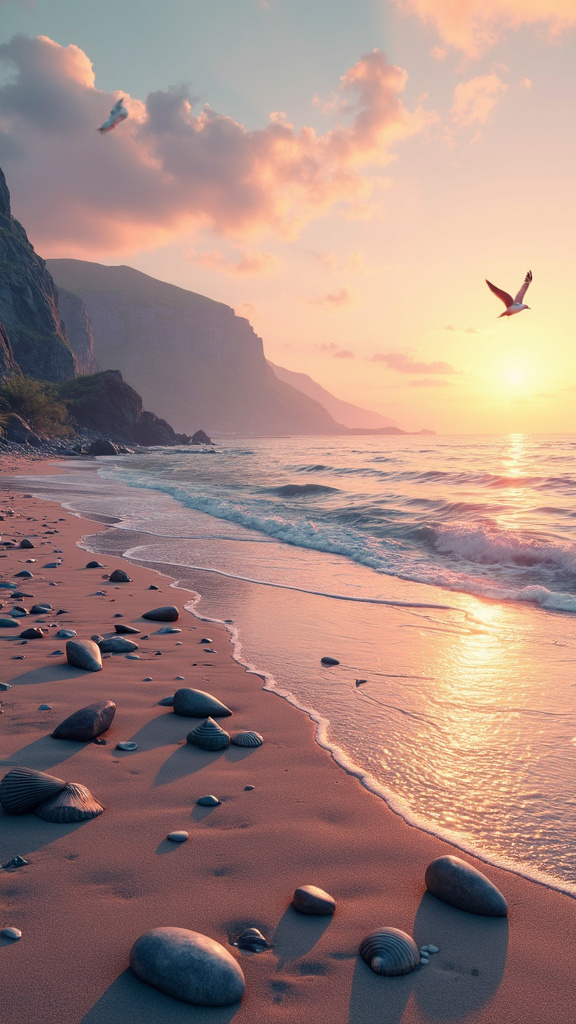 A photorealistic image of a serene coastal landscape at dawn, featuring a sandy beach with gentle waves and a sky in pastel hues. Smooth pebbles and seashells glisten in the morning light. A lone seagull soars above the water, with rugged cliffs in the distance, evoking peace and natural beauty.