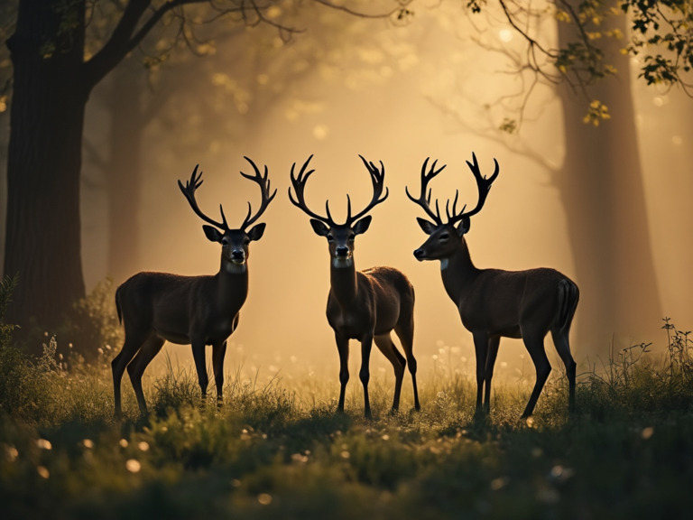 A peaceful forest clearing at dawn with majestic deer amidst morning mist, captured in classic wildlife photography style.