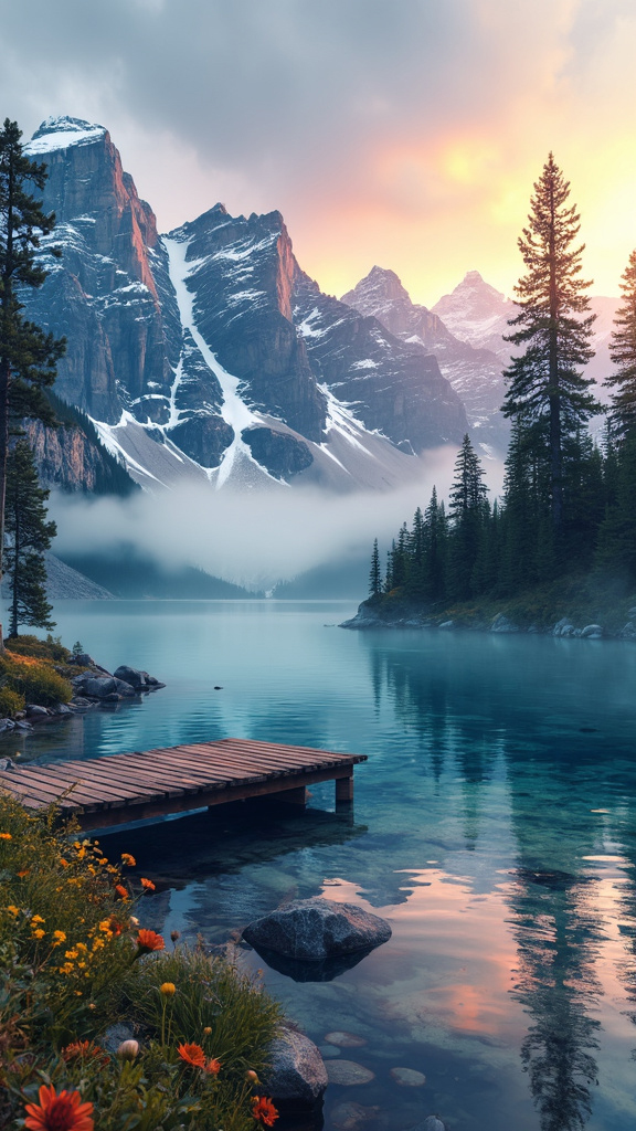 A photorealistic image of a serene mountain lake at dawn, with crystal-clear water reflecting snow-capped peaks. The shoreline features pine trees and wildflowers, with mist rising from the water. The sky transitions from night blues to sunrise oranges and pinks, casting a soft glow over the landscape, evoking calm and natural beauty.