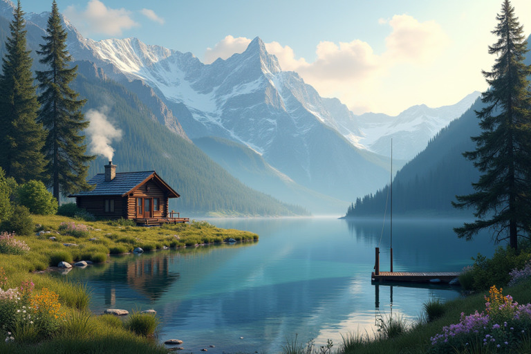 A serene mountain landscape during the early morning hours, featuring majestic snow-capped peaks bathed in soft, golden sunlight. A crystal-clear alpine lake reflects the mountains and the sky. A small log cabin with smoke rising from its chimney is nestled among tall pine trees near the lake's edge. A wooden dock extends into the lake, with a fishing rod leaning against it. Wildflowers add splashes of color to the lush greenery, evoking calm, natural beauty, and the pristine charm of the wilderness.