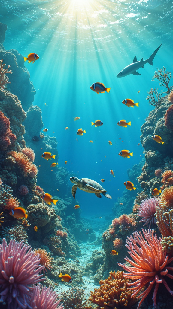 A photorealistic image of a serene underwater scene in a coral reef, featuring vibrant marine life including schools of colorful fish, such as angelfish, clownfish, and parrotfish, swimming among various corals. A graceful sea turtle glides through the clear water, with a small reef shark in the background. The scene is bathed in dappled sunlight, capturing the breathtaking beauty and tranquility of the ocean's depths.