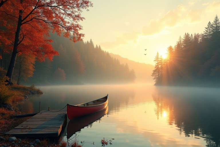 A serene sunrise over a tranquil lake surrounded by a dense forest in autumn. Vibrant red, orange, and yellow leaves reflect on the glassy water. A light mist hovers over the lake, and a wooden dock with a lone canoe extends into the water, suggesting an early morning adventure. Birds fly in the distance, and rays of sunlight break through the trees, creating a play of light and shadows on the forest floor.