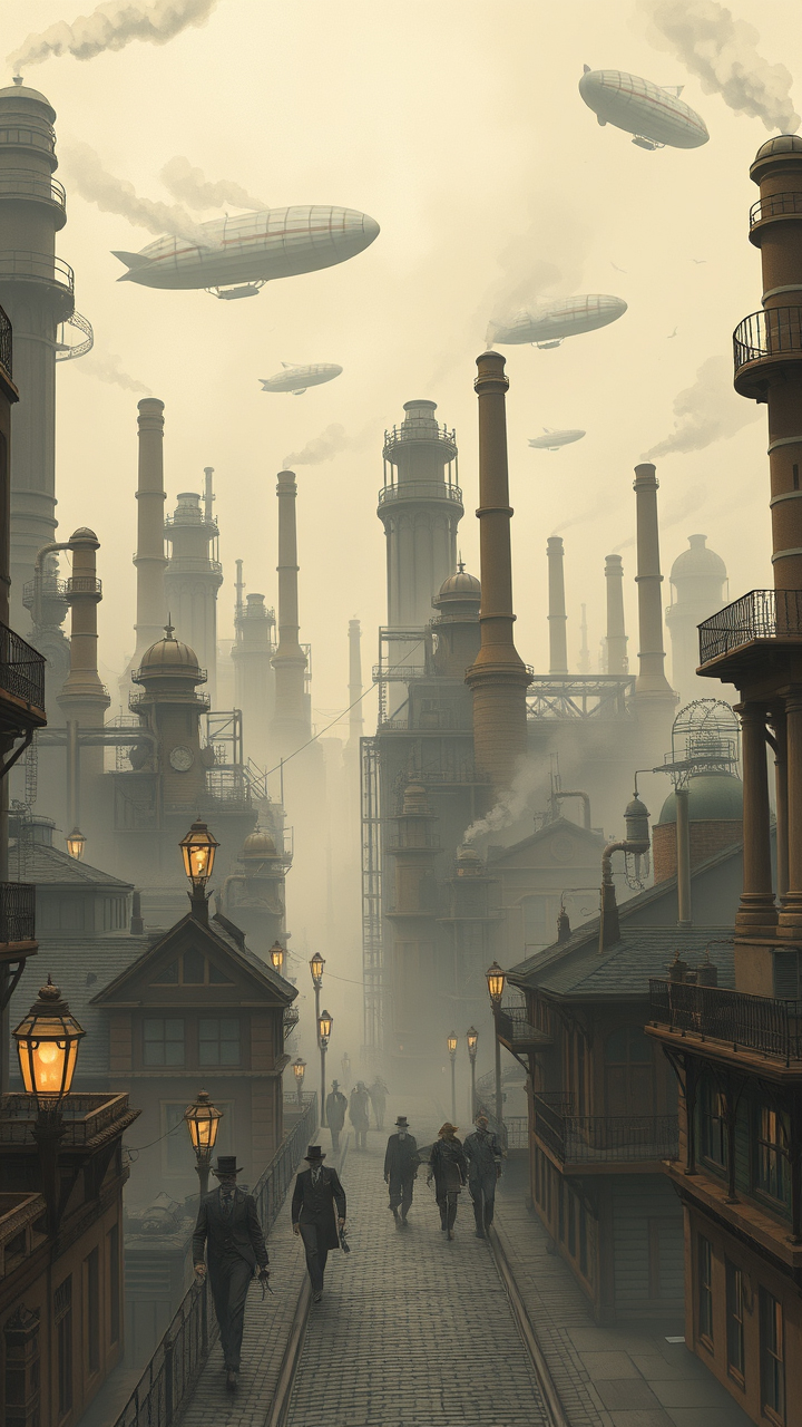 Wide-angle view of a steampunk cityscape set in the late 19th century in vintage comic book style during a foggy evening.