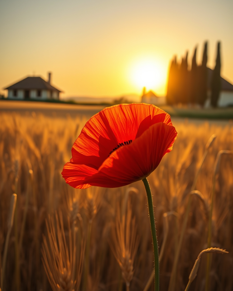 Strikingly beautiful red poppy flower in a sunlit wheat field during late afternoon, captured in contemporary hyper-realistic photography style.