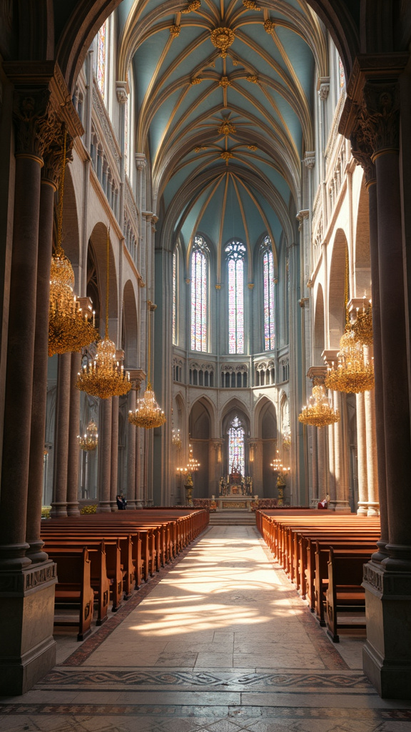 A photorealistic image of a stunning Gothic cathedral interior, featuring soaring vaulted ceilings, intricate stained glass windows, and ornate stone carvings. Sunlight casts colorful patterns on the stone floor. The grand nave leads to an elaborate altar with golden candlesticks. Grand chandeliers hang from the ceiling. Intricately carved columns and a choir preparing for a performance add to the majestic atmosphere, evoking history and spirituality.