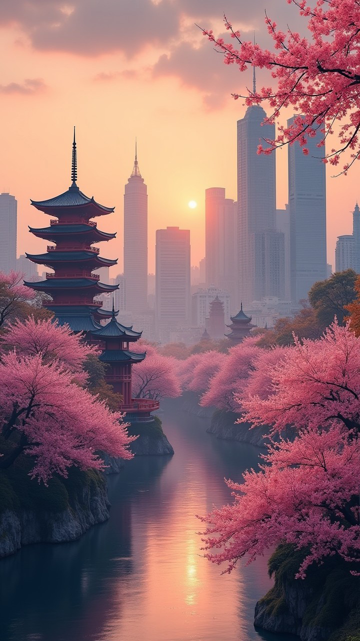 A bustling Asian metropolis at sunrise, with traditional pagodas and modern skyscrapers, framed by cherry blossoms, captured in a vibrant, contemporary art style.