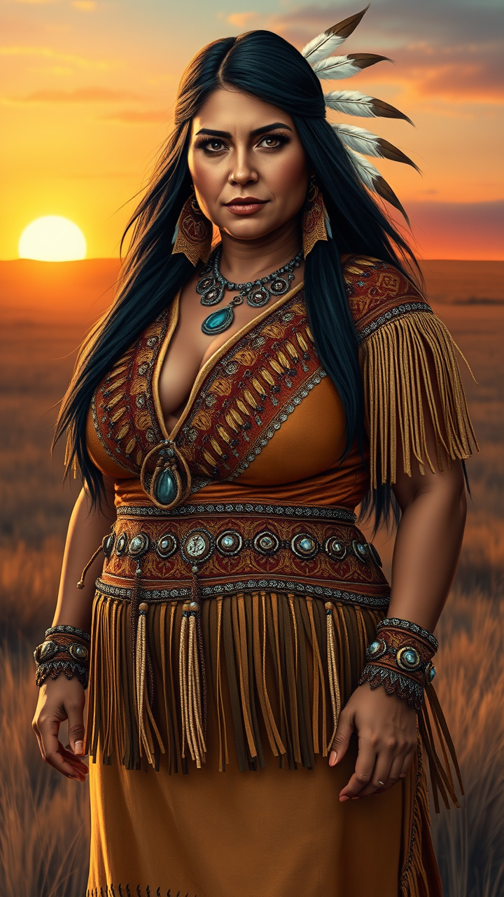 A professional, high-quality digital art illustration of a mature, voluptuous 40-year-old Native American woman in a revealing, traditional buckskin dress adorned with intricate beadwork and fringe. The art style is vibrant and lifelike, with meticulous detailing and rich, earthy tones that highlight the craftsmanship of her attire and the natural beauty of her form. She has long, straight, jet-black hair adorned with feathers, piercing dark brown eyes, and is wearing traditional, understated makeup with a touch of natural lip color and subtle eye enhancement. The setting is a serene, open plains landscape at sunset, with the warm glow of the setting sun casting a golden hue over the scene. The composition is a front view, capturing her strong, dignified stance and the profound connection to her heritage, exuding strength, elegance, and cultural pride.