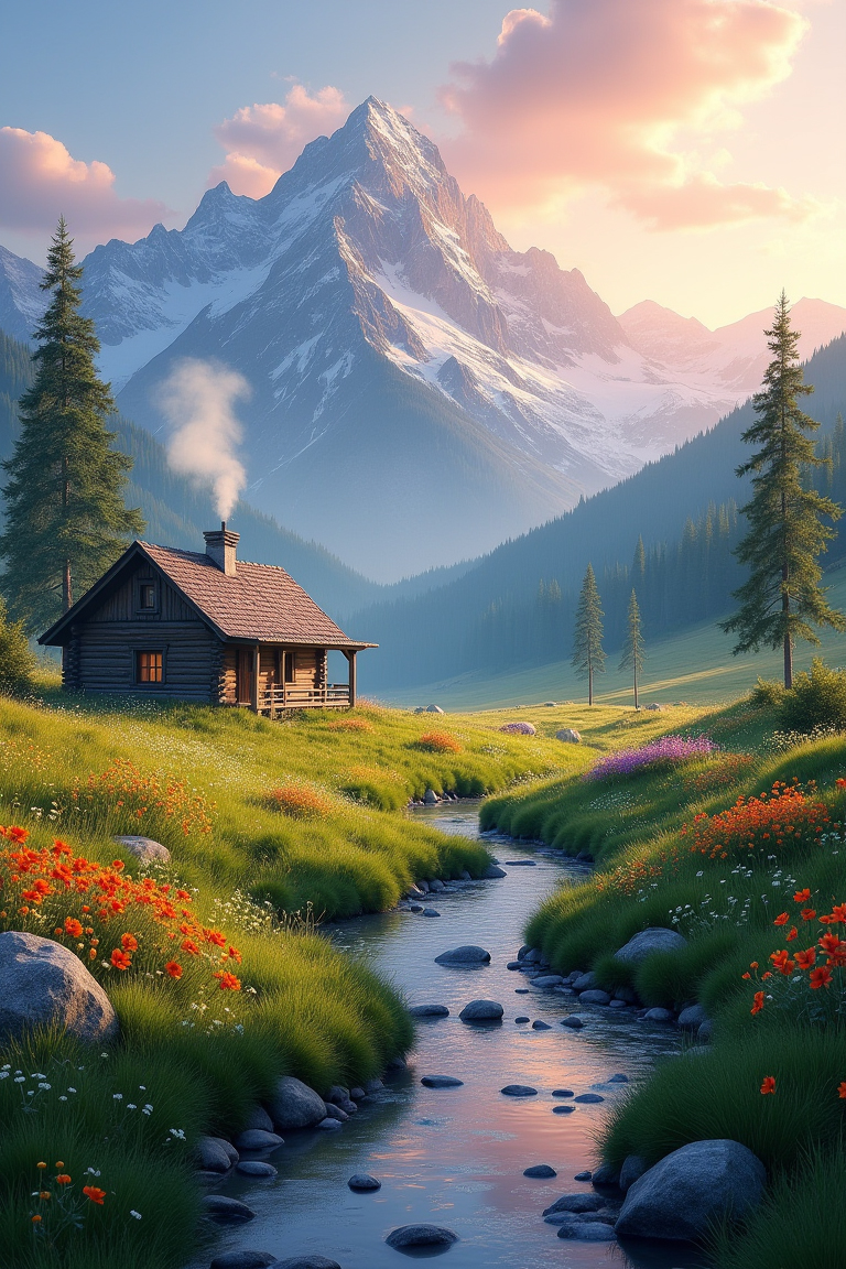 A photorealistic image of a tranquil alpine meadow surrounded by majestic snow-capped mountains at sunrise. The meadow is adorned with wildflowers in vibrant colors, and a clear stream reflects the dawn sky. A small wooden cabin with smoke rising from its chimney adds rustic charm. The mountains are bathed in the golden light of the rising sun, evoking peace and natural beauty.