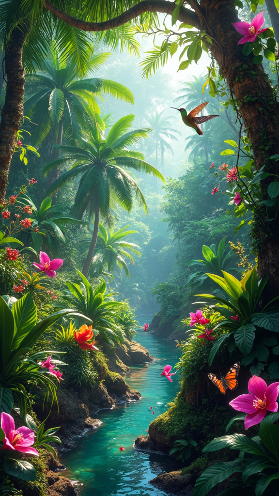 A photorealistic image of a vibrant tropical rainforest in full bloom, featuring lush, dense plant life with towering trees, large dewy leaves, and colorful flowers. A meandering stream flows through the forest, reflecting the green canopy. Bright orchids and bromeliads add splashes of color, while butterflies and hummingbirds feed on the nectar. Sunlight filters through the foliage, casting dappled light and shadows, evoking a sense of abundance and natural beauty.