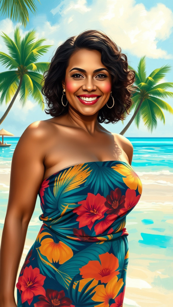 A professional, high-quality portrait of a mature, voluptuous 40-year-old Caribbean woman in a vibrant, revealing tropical sarong. The art style is impressionistic, with bold, expressive brushstrokes and a vivid color palette that captures the warmth and vibrancy of the scene. She has shoulder-length, curly, dark brown hair, sparkling amber eyes, and is adorned with natural, glowing makeup featuring a soft coral lip gloss and a touch of bronzer. The setting is a beautiful, sunlit beach with turquoise waters and lush palm trees swaying in the breeze. The composition is a front view, focusing on her relaxed, confident pose and radiant smile, embodying the essence of tropical beauty and joyful spirit.