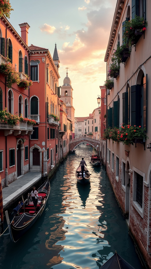 A photorealistic image of a picturesque Venetian canal at dawn, featuring historic buildings with colorful facades and arched windows lining the narrow canal. Gondolas are moored along the edges, with a lone gondolier navigating through the calm waters. The soft light of dawn casts a gentle glow, with the sky transitioning to pink and orange hues. Small bridges arch over the canal, evoking romanticism and timeless beauty.