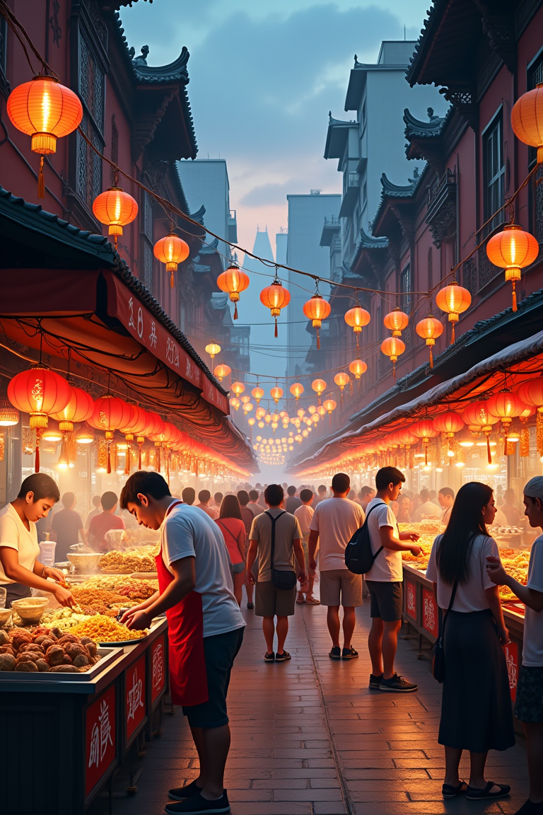 A vibrant street food market in an Asian city during the evening, with numerous food stalls illuminated by colorful lanterns and string lights. Vendors prepare and serve various dishes, including skewers, dumplings, noodles, and exotic fruits. Crowds of people, both locals and tourists, explore the market, enjoying the aromatic steam and sizzling sounds. Traditional architectural elements and modern city buildings are visible in the background, capturing the culturally rich experience of the market.