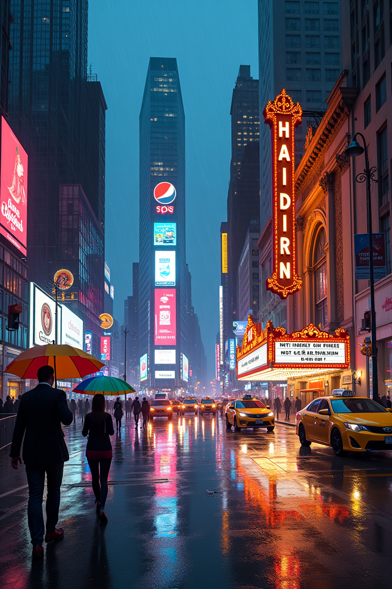 A vibrant city street at night during a heavy rainstorm, featuring tall skyscrapers, illuminated billboards, and neon signs reflecting off the wet pavement. Pedestrians with colorful umbrellas hurry along the sidewalks, and some take refuge under shop and cafe awnings. A line of yellow taxis is caught in traffic, with their headlights and taillights adding to the myriad of reflections. A historic theater with a brightly lit marquee is visible in the background. Raindrops fall, creating dynamic motion and reflections in puddles, capturing the lively, fast-paced nature of city life in the rain.