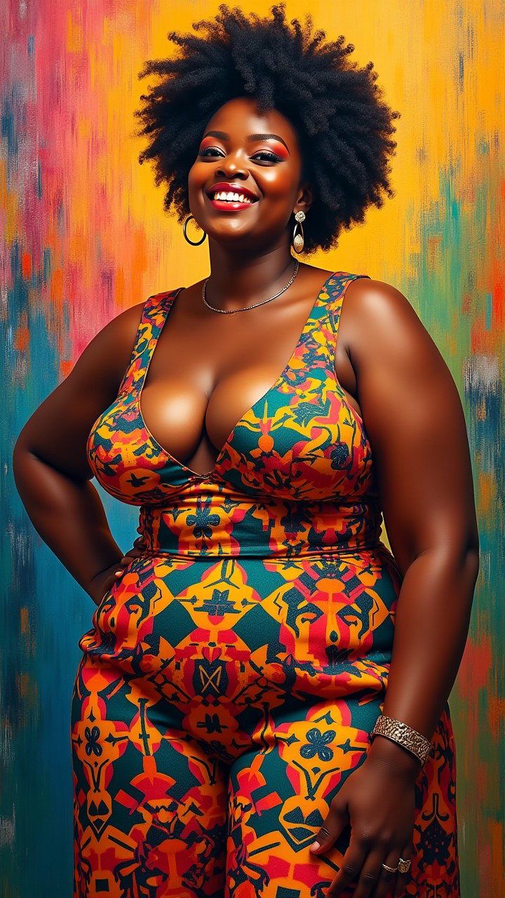 High-quality contemporary painting of a mature, voluptuous 40-year-old African woman in a colorful dress