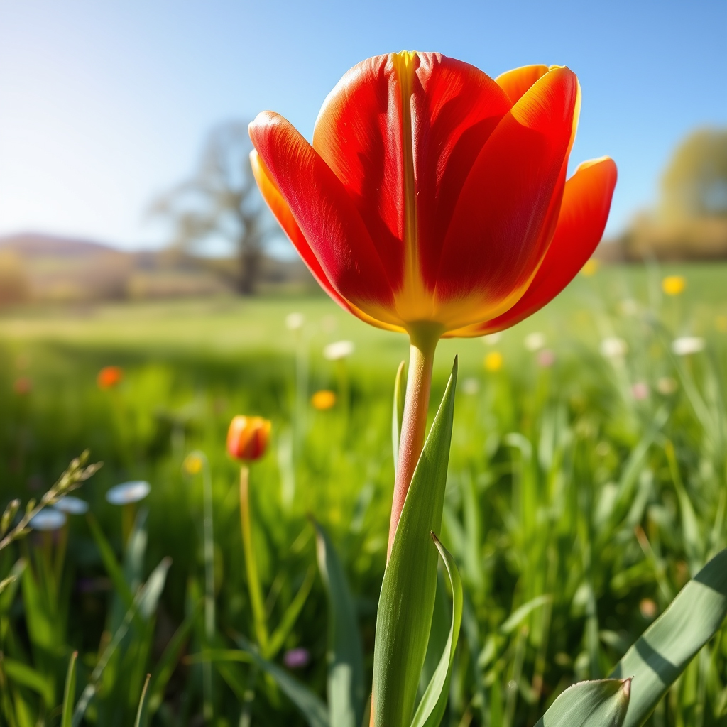 Vibrant red tulip blooming in a sunlit meadow with dew droplets, captured in close-up macro photography.