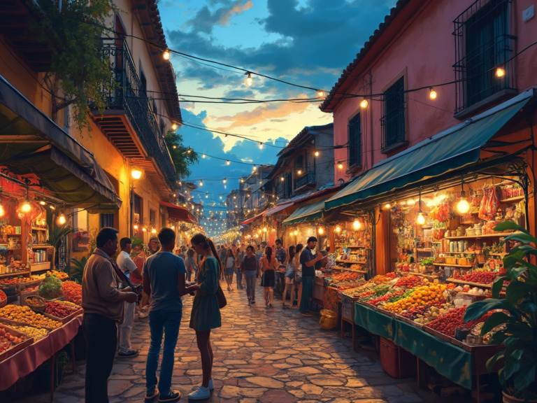 A lively street market at dusk in a South American city with colorful stalls, musicians, and colonial buildings, captured in an impressionistic art style.