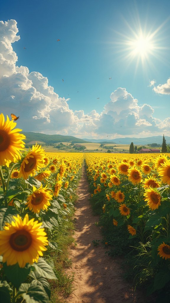 A photorealistic image of a vibrant sunflower field in full bloom under a clear summer sky, featuring endless rows of sunflowers with bright yellow petals facing the sun. A dirt path winds through the field, with butterflies and bees pollinating the blossoms. The distant horizon shows rolling hills and scattered farmhouses, under a deep blue, cloudless sky, evoking joy and natural beauty.