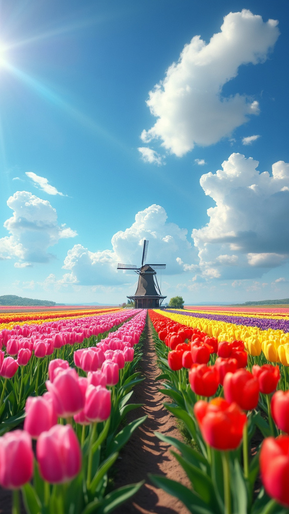 A photorealistic image of a vibrant tulip field in full bloom during a sunny spring day, featuring rows of tulips in red, yellow, pink, and purple. The bright blue sky with fluffy clouds casts soft shadows over the field. A gentle breeze sways the tulips, and a small wooden windmill adds rustic charm, evoking joy and natural beauty.