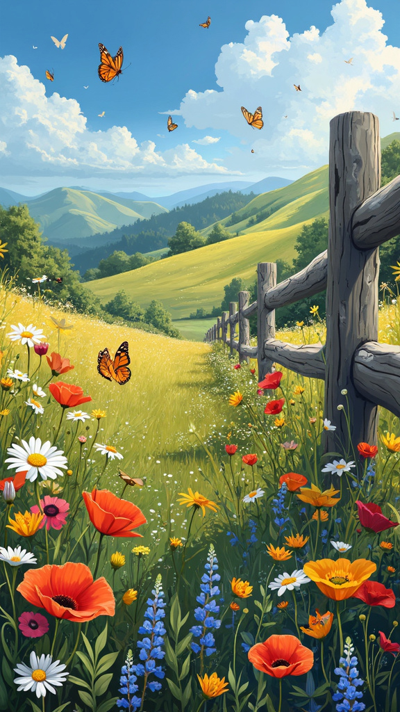 A vibrant wildflower meadow in spring, with daisies, poppies, and butterflies, set against rolling hills, captured in a modern, realistic art style.