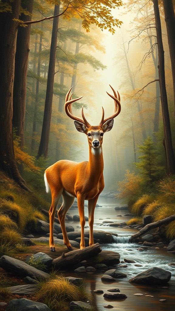 Oil painting of a serene white-tailed deer standing by a tranquil forest stream.