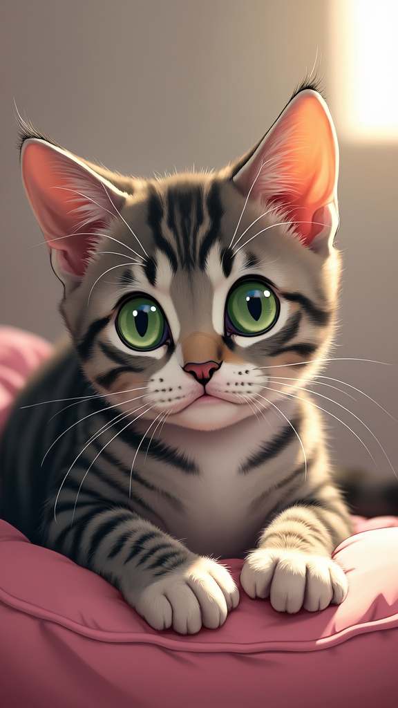 An adorable kitten with striking green eyes, resting on a soft pink cushion, bathed in warm natural light.