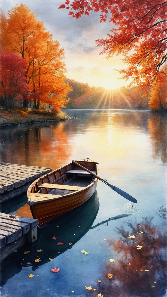 A watercolor painting of a tranquil lake surrounded by vibrant autumn trees, with a rowboat tied to a dock under a sunset sky