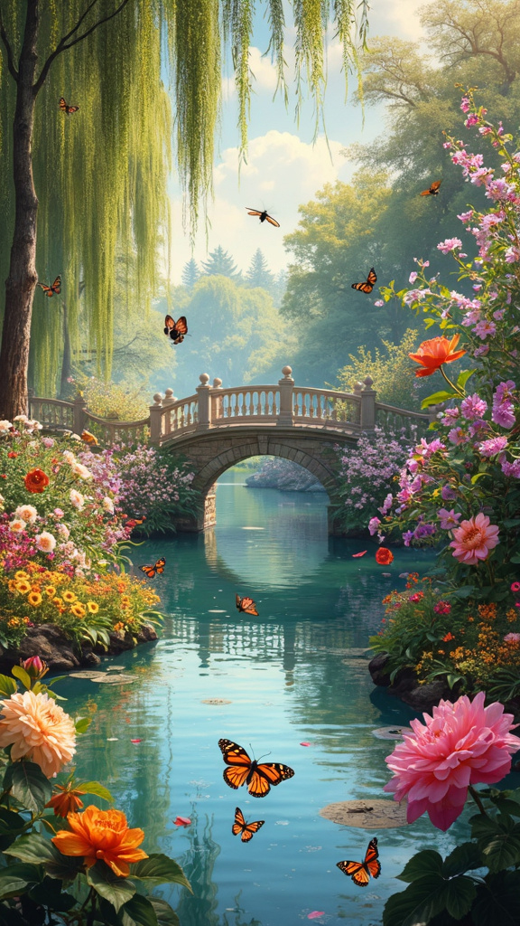 A classical painting of a lush botanical garden in spring, featuring vibrant flowers, a serene pond, and elegant willow trees, embodying nature's harmony.